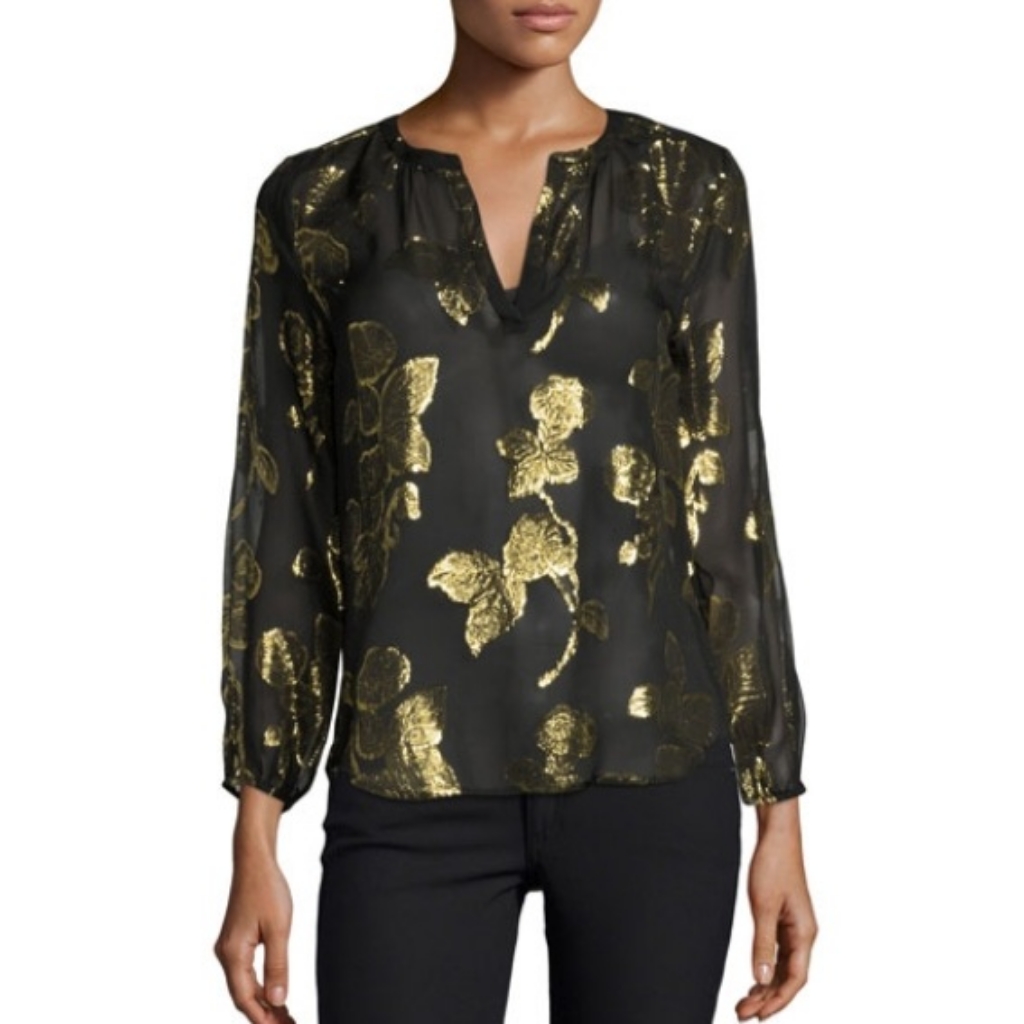 Joie Vashti Metallic-Leaf Split-Neck Blouse, Caviar